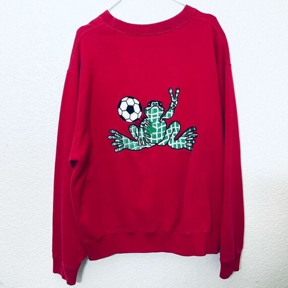Vintage Peace Frogs Red Crew Neck Embroidered Soccer Sweatshirt Unisex Size XL - Picture 1 of 12